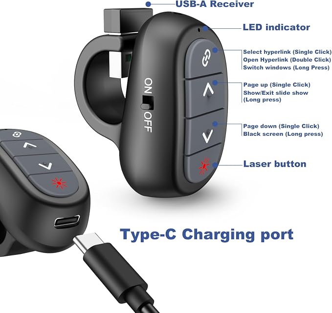 Presentation Clicker PowerPoint Wireless Presenter Remote: Laser Pointer Finger - Image 5