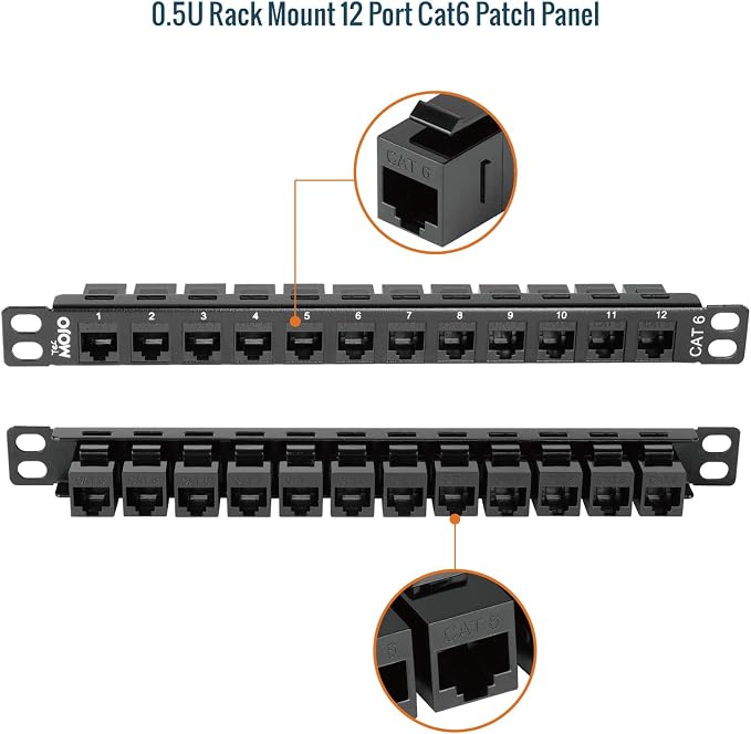Tecmojo 12-Port Cat6 Patch Panel, 0.5U Rack Mount Modular Panel - Image 5
