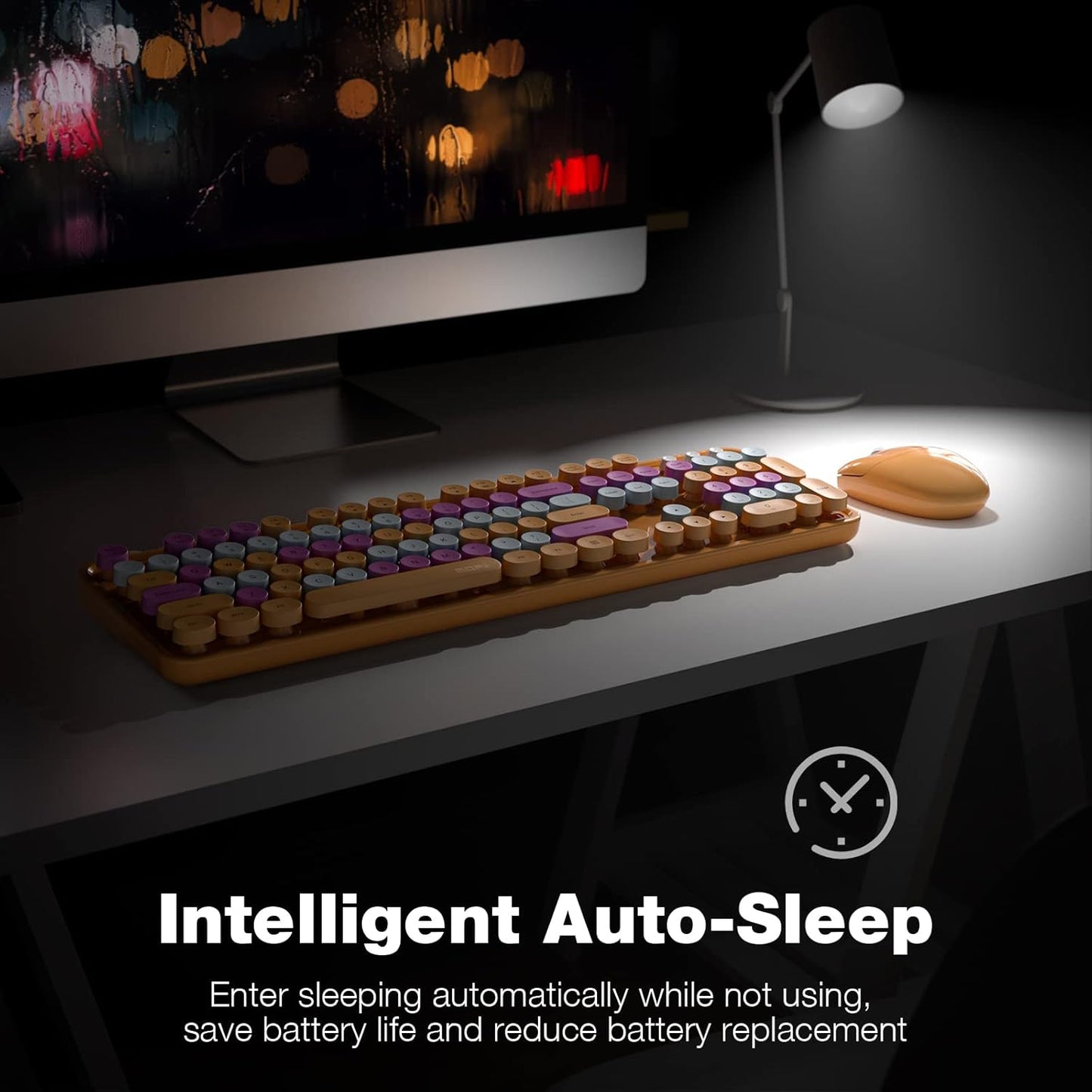 MOFII Wireless Keyboard and Mouse Combo, Retro Wireless Keyboard with Round Keycaps, 2.4GHz Dropout-Free Connection, Cute Wireless Mouse for PC/Laptop/Windows XP/7/8/10 (Orange-Colorful)