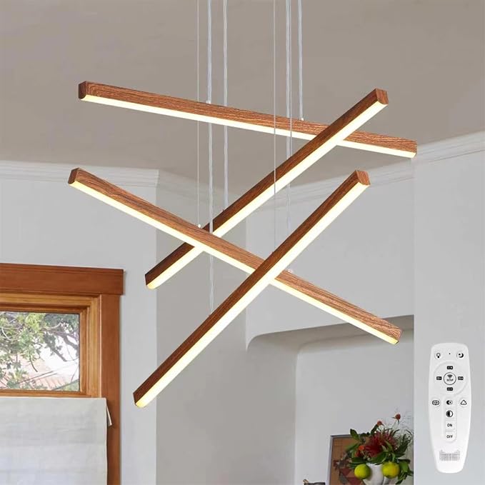 LED Linear Pendant Light for Dining Room Wood Grain Finish 4 Light LED - Image 9