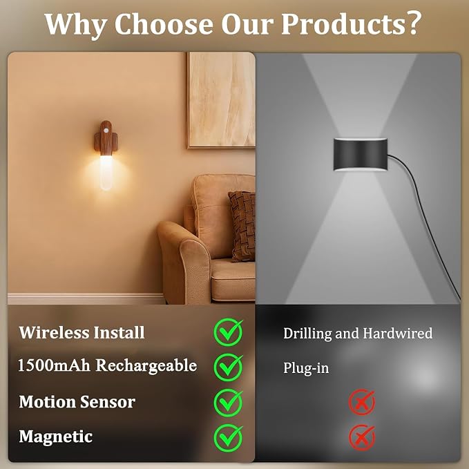 Battery Operated Motion Sensor Wall Sconces Set of 3, Motion Sensor Wall Light - Image 2