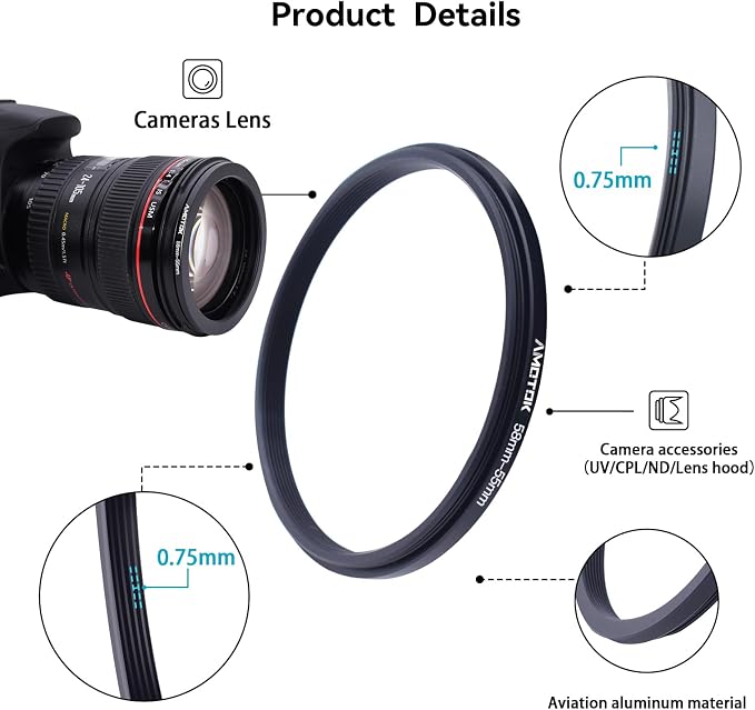 58mm Lens to 55mm Camera Lens Adapter, 58mm-55mm Filter Step-Down Ring - Image 3