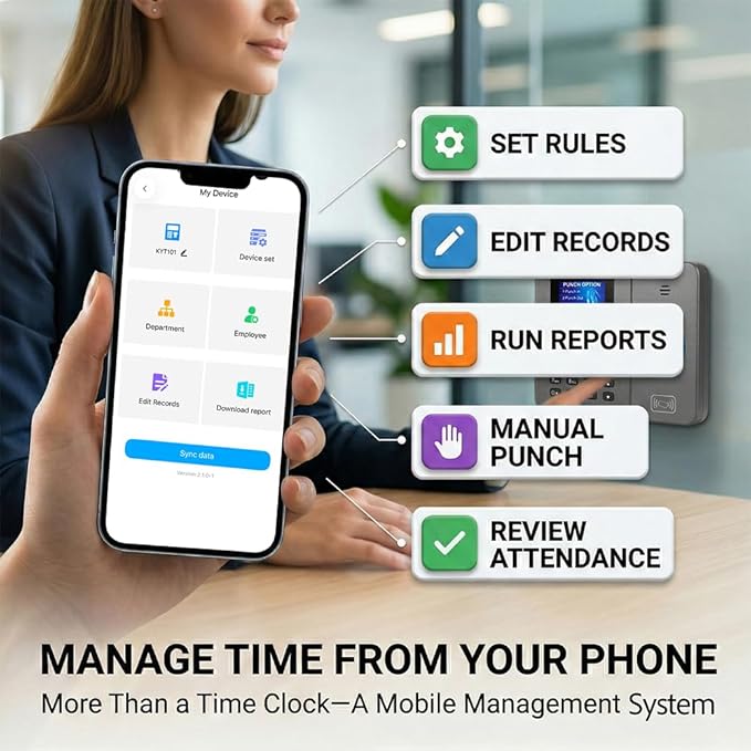 App-Controlled Time Clock with 5s Fast Connection, Edit Records, Set Rules & - Image 2
