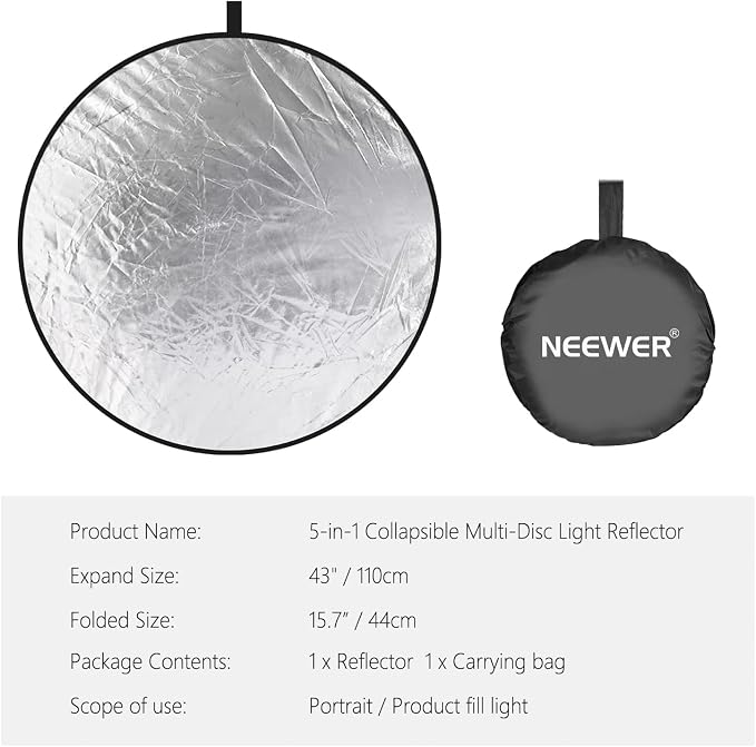NEEWER 43 Inch/110 Centimeter Light Reflector Diffuser 5 in 1 Collapsible Multi - Image 8