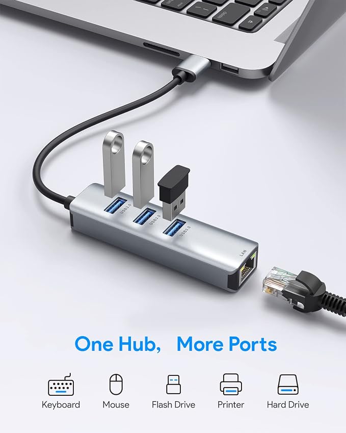 USB 3.0 to Ethernet Adapter, ABLEWE 3-Port USB 3.0 Hub - Image 2