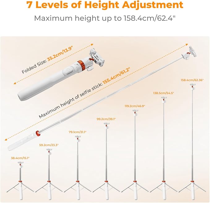 K&F CONCEPT MS08 62'' Selfie Stick Tripod, 2-in-1 Extendable White Phone Tripod - Image 2