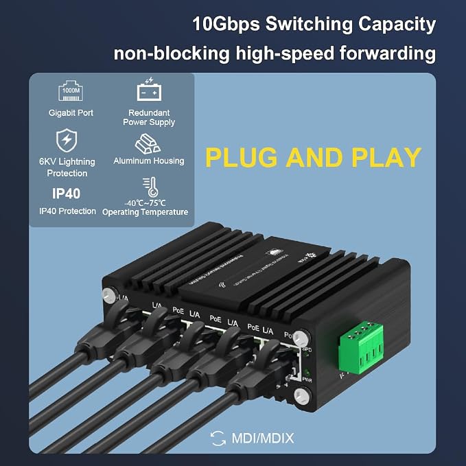 Mini Industrial 4-Port 10/100/1000BASE-T 802.3at PoE + 1-Port 10/100/1000T - Image 5