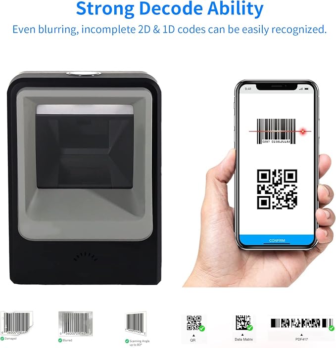 Handsfree 2D 1D Barcode Scanner, Alacrity QR Omnidirectional Desktop Bar Code - Image 2