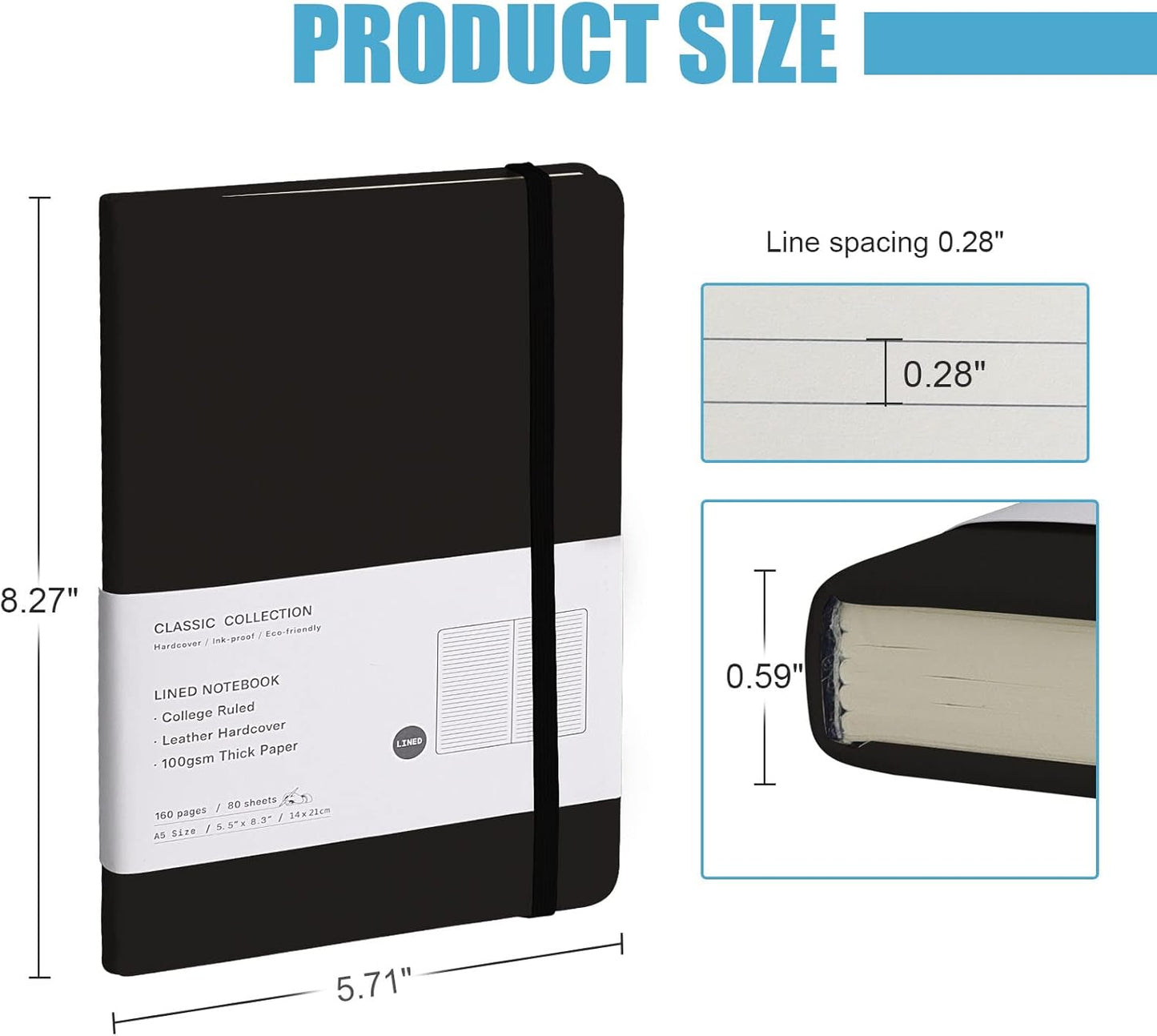 Lined Journal Notebook, 10Pack(Black), 160 Pages, Medium 5.7 inches x 8 inches - 100 gsm Thick Paper, Hardcover