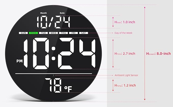 Digital Wall Clock with Large LED Display, Temperature, Auto-Brightness | Small - Image 3