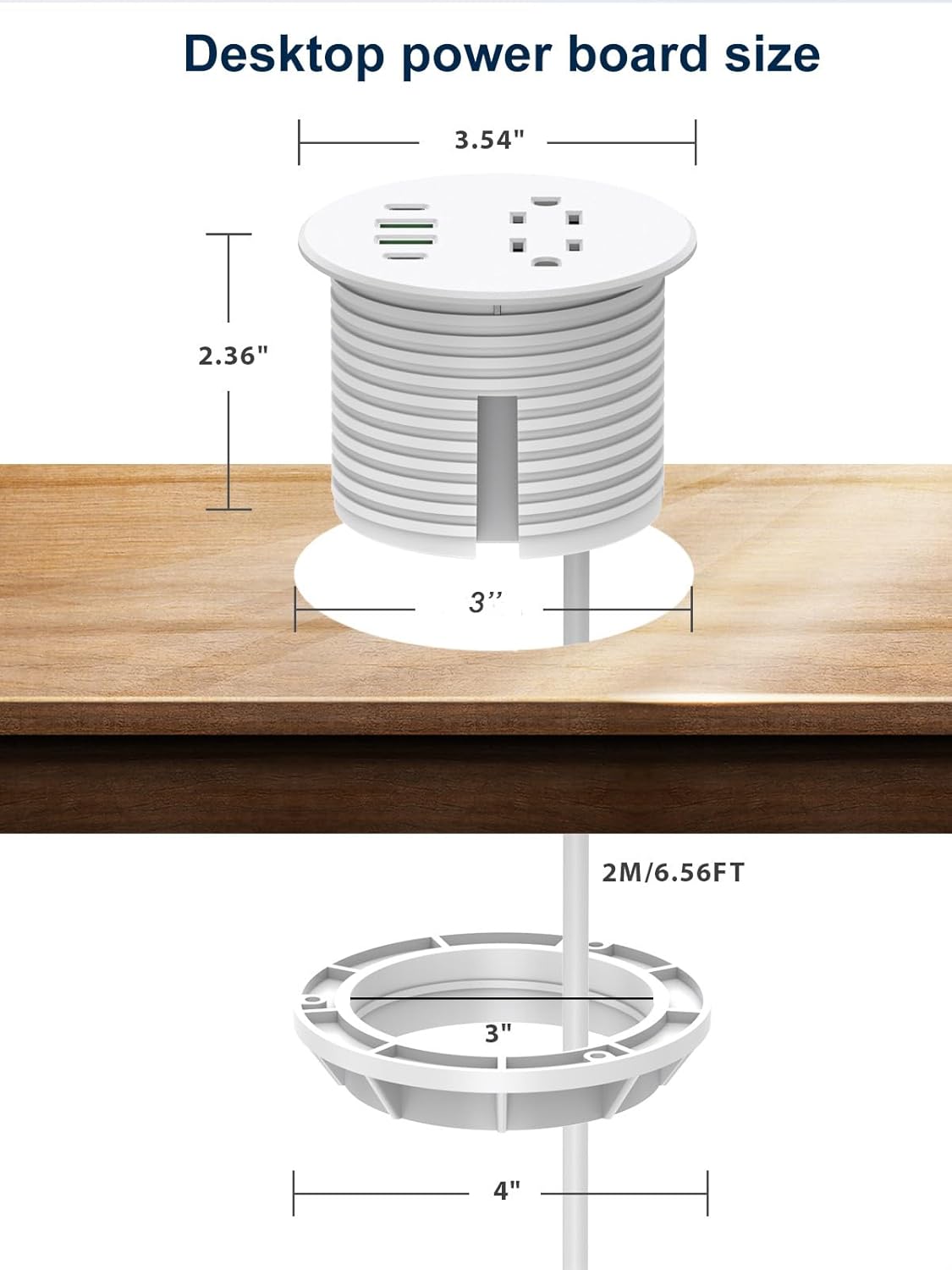 Desktop Power Grommet 3 inch with PD20W USB C Ports 2 AC Outlets,Recessed Power Grommet Outlet Fast Charging Station,Desk Hole Grommet Outlets,Round Deskt Grommet Outlet for Office,Home (White)