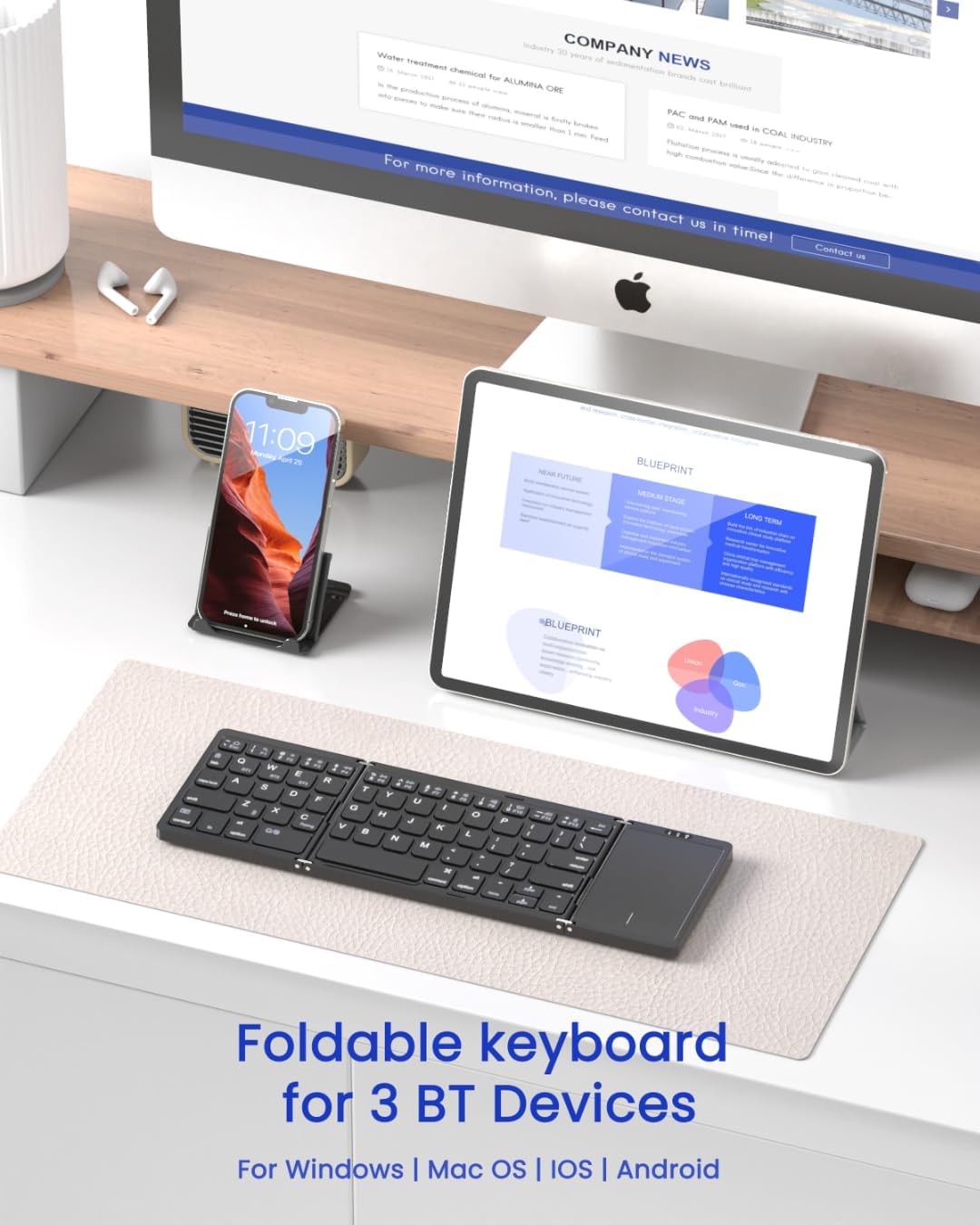 Foldable Bluetooth Keyboard, Folding Portable Wireless Keyboard with touchpad,Travel Pocket Keyboard for iOS Android Windows Mac Smartphone Tablet & Laptop, Sync Up to 3 Devices, Black