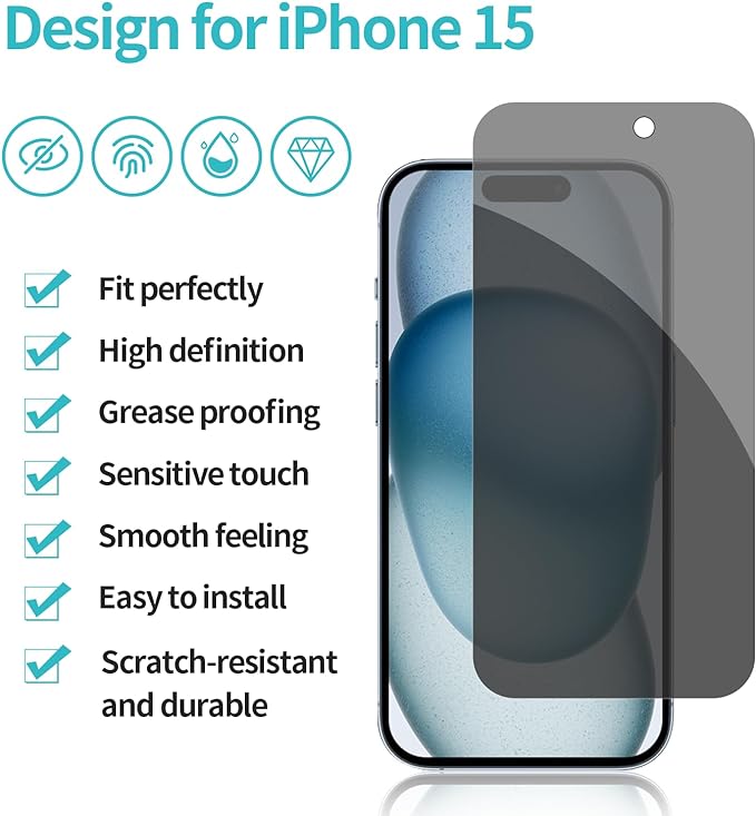 PEHAEL 2+2 Pack for iPhone 15 Privacy Screen Protector - Image 2
