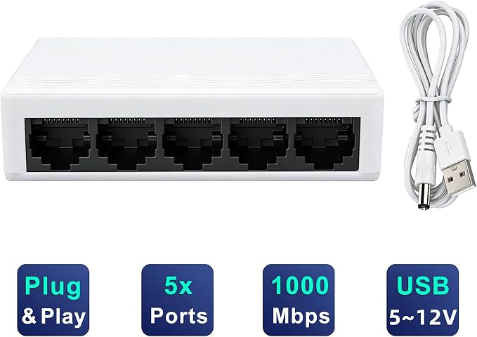 5 Port Gigabit Ethernet Switch 1000Mbps Network Hub USB 5-12V Powered Plug and - Image 3