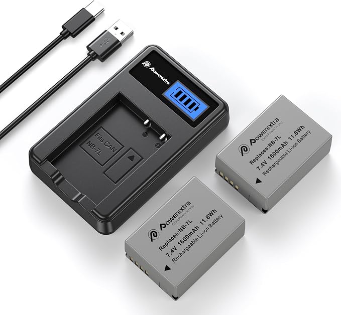 Powerextra NB-7L 2-Pack 1600mAh 7.4V Battery and Charger by Powerextra