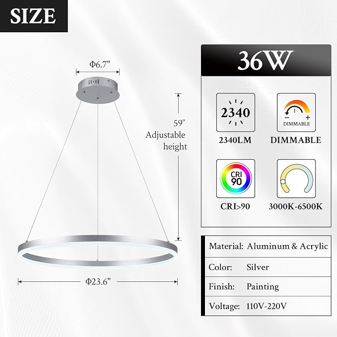 Modern LED Pendant Lighting Ring Chandelier Silver Dimmable LED Chandelier - Image 6