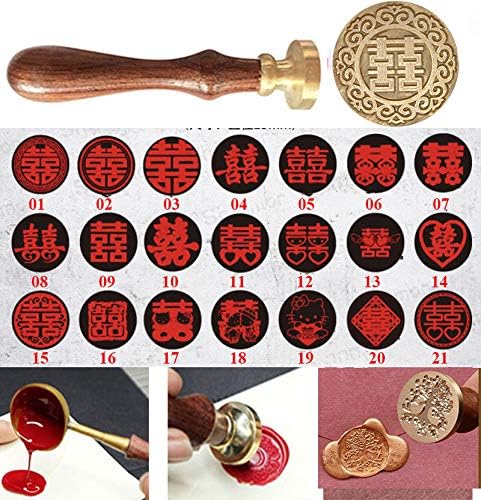 21 Styles Decorative Chinese Character Double Happiness Symble Couple Wax Seal Sealing Stamp Curlicue Wedding Invitation Christmas Gift Cards Embellishment Cutomize Seal Stamp Rosewood Handle Set