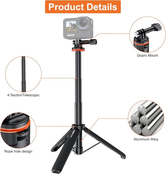 VRIG 20.1" Mini Extendable Gopro Tripod, Portable Selfie Stick Tripod - Image 3