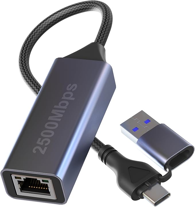 2.5gb USB to Ethernet Adapter, 2.5g Aluminum 2-in-1 USB & USB C to RJ45 Network by Pubiohs