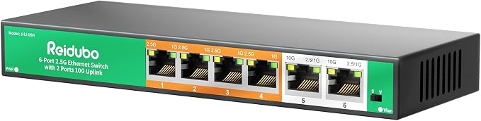 6-Port 10Gb Ethernet Switch Unmanaged, 2 x 10Gb RJ45 Uplink Ports + 4 x 2.5Gb by ReiduboSecurityPoECameraSwitch
