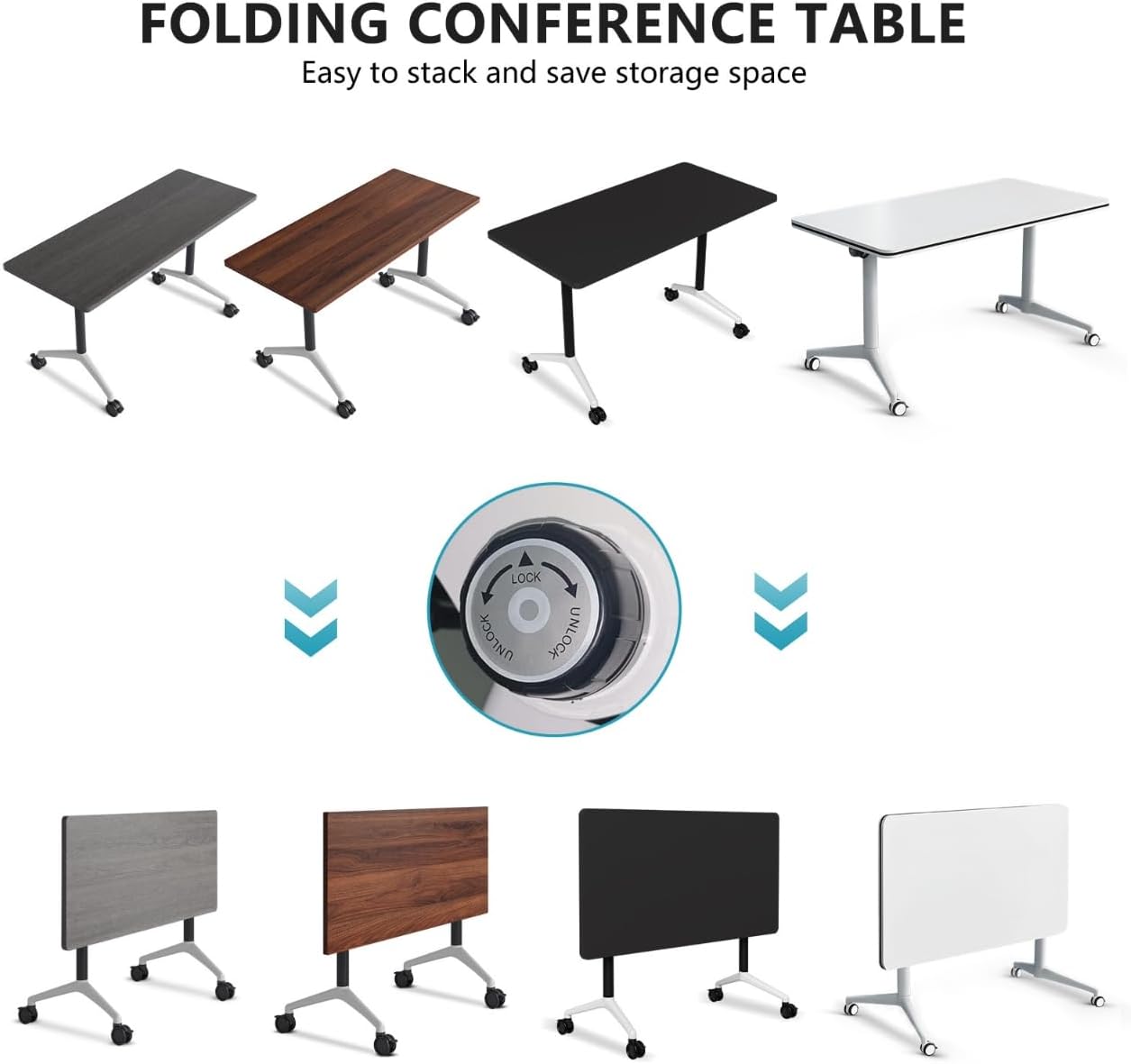 Conference Room Table, Folding Conference Tables,Thicken Grey Tabletop,Flip Top Wooden Seminar Meeting Room Table for Conference Room Offices (2, Black+White, 55.1”)