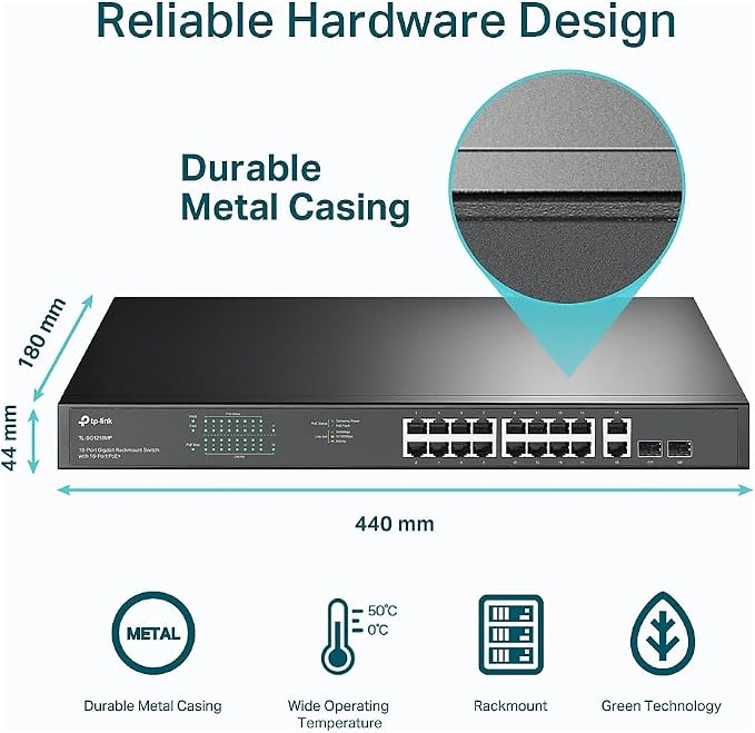 TP-Link TL-SG1218MP 16 Port Gigabit PoE Switch 16 PoE+ Ports @250W, w/ 2 Uplink - Image 7