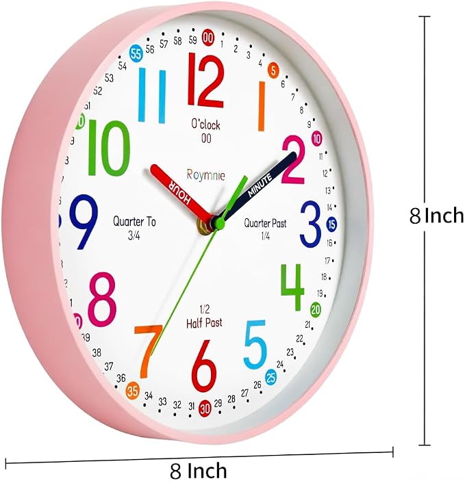 Roymnie Wall Clock 8 Inch for Kids Learning to Tell Time Easily Non Ticking - Image 6
