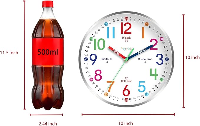 Roymnie Wall Clock for Kids Learning Easily Kids Teaching Clock Silent Non - Image 4