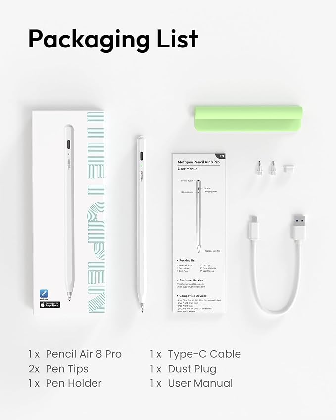 Metapen Pencil Air8 Pro for iPad 2018-2026, Ultra-Quiet, 2X Fast Charging - Image 9