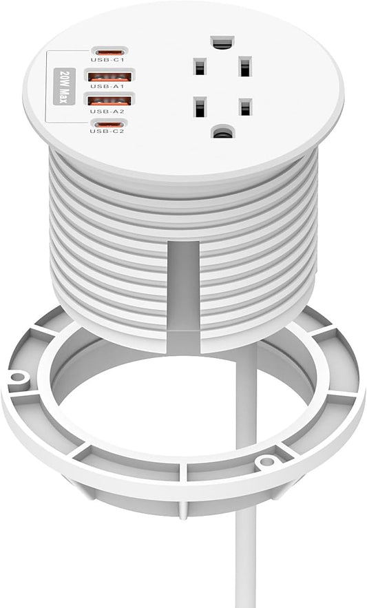 Desktop Power Grommet 3 inch with PD20W USB C Ports 2 AC Outlets,Recessed Power Grommet Outlet Fast Charging Station,Desk Hole Grommet Outlets,Round Deskt Grommet Outlet for Office,Home (White)