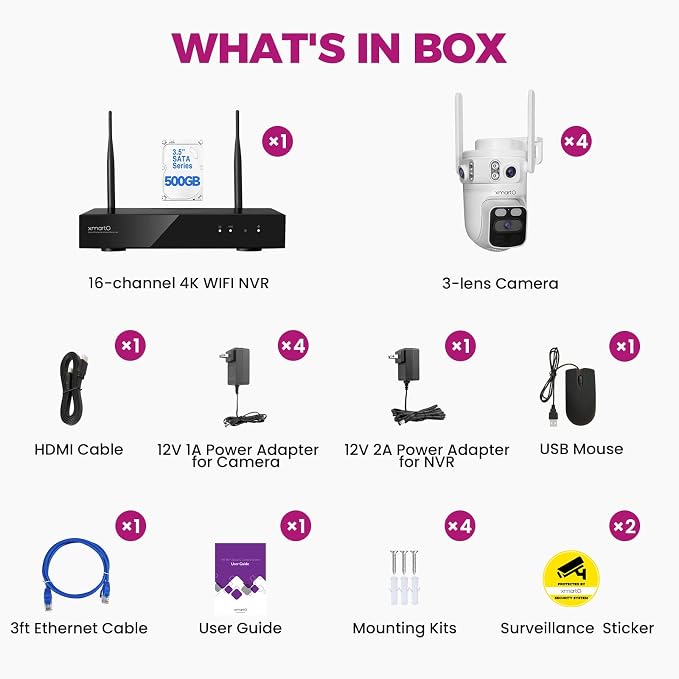 XMARTO 6MP Tri-Lens 4-Cam 500GB WiFi Mesh Security Camera System, 16CH 4K H.265 - Image 9