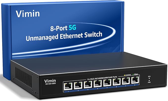 8 Port 5G Ethernet Switch, 5Gbe-RJ45 Port Network Switch Unmanaged Support by Vimin