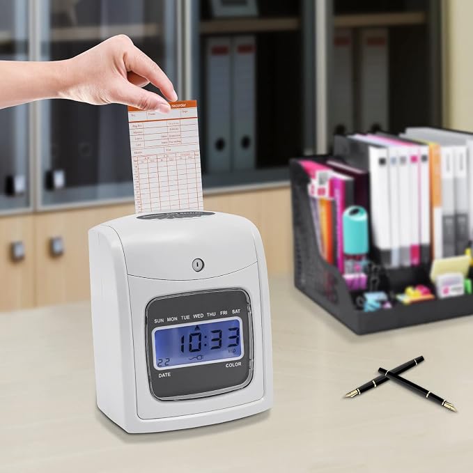 Time Clock Punch Card Machine, LCD Employee Attendance Tracker, Auto-Absorb & - Image 6