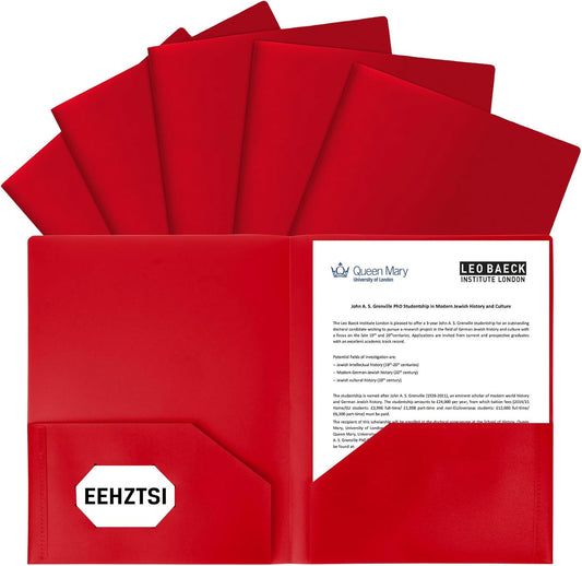 6-Pack Plastic Folders with Pockets,2-Pocket Poly Folders Holds 8-1/2" x 11" Paper for School/Office/Home, Red