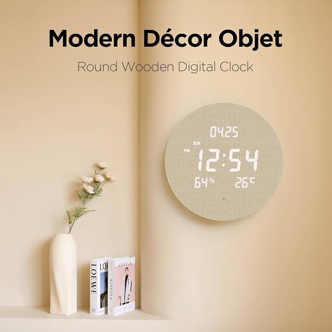 mooas Wood Moon Cordless Digital LED Wall Clock, Time Week Temperature & - Image 7