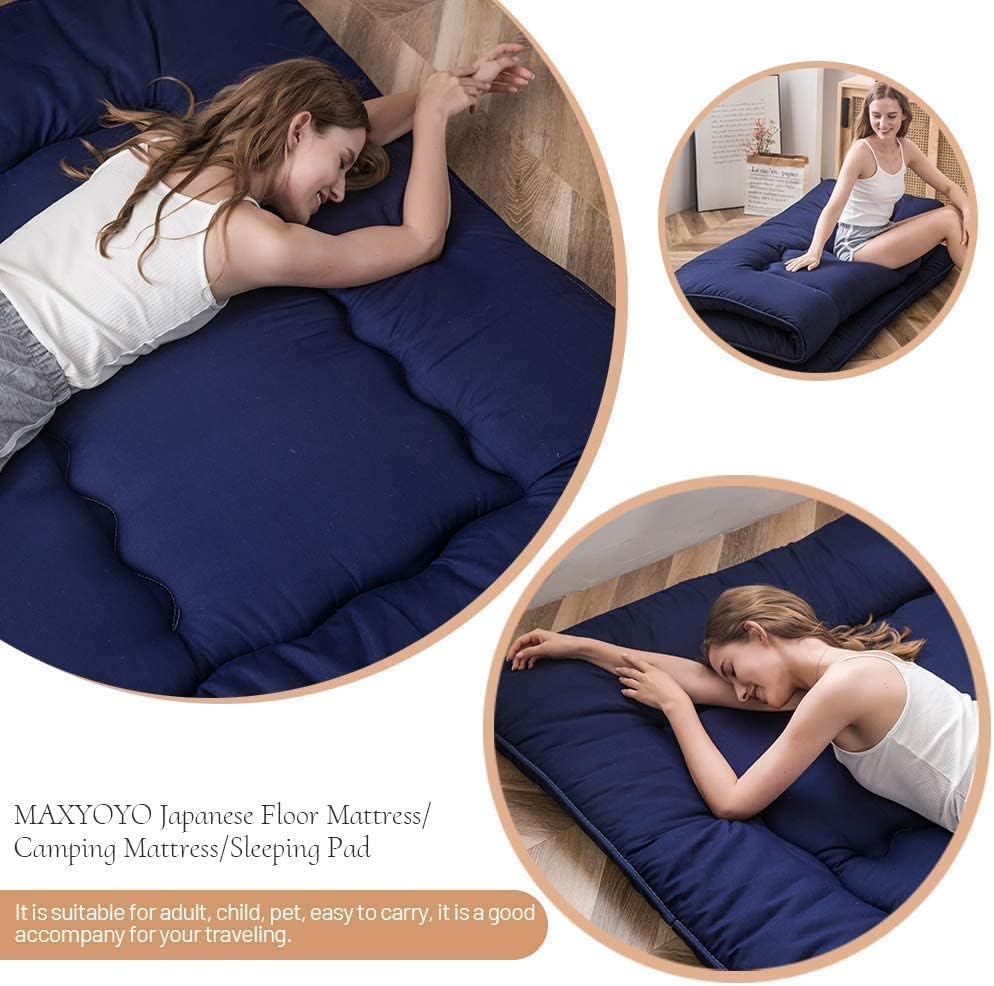 MAXYOYO Japanese Floor Mattress Futon Mattress, Thicken Tatami Mat Sleeping Pad Foldable Roll Up Mattress Boys Girls Dormitory Mattress Pad Kids Floor Lounger Pillow Bed, Navy, Twin Size