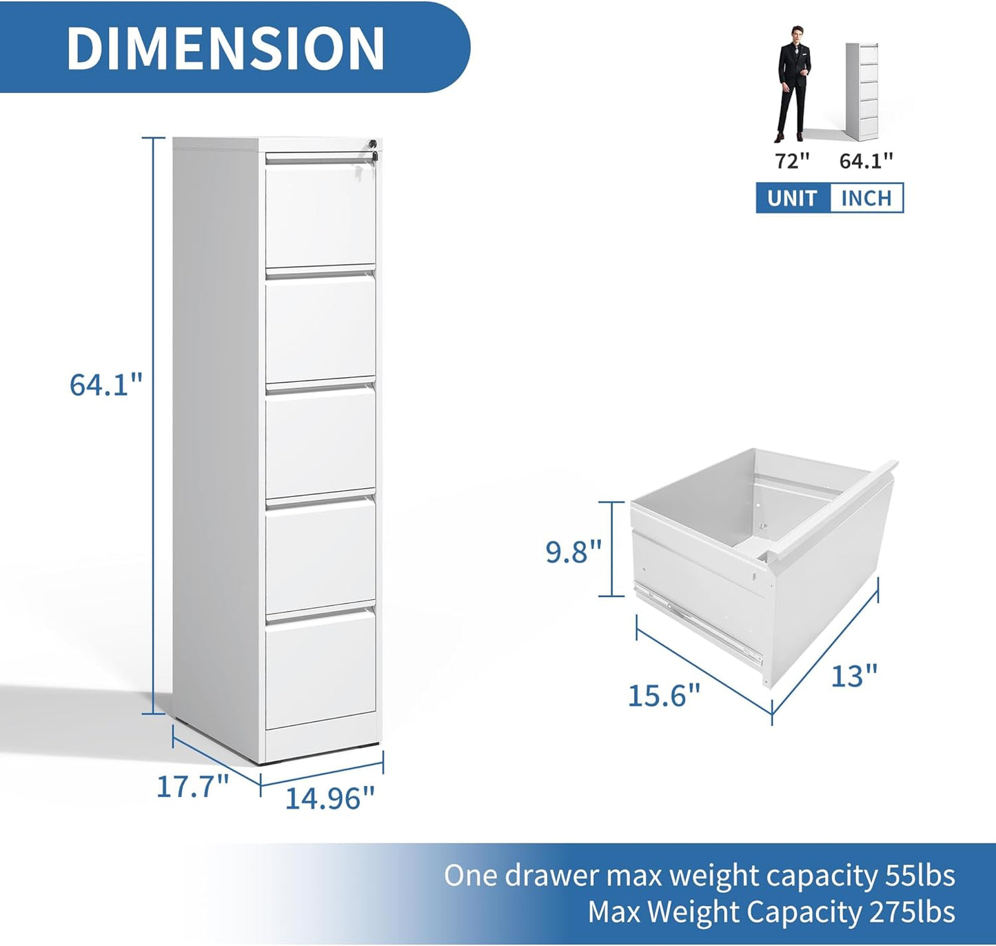 5 Drawer File Cabinet with Lock, Metal Vertical Filing Cabinets for Home Office, Steel Storage Cabinet for Hanging Legal/Letter Size Files, Assembly Required (White)
