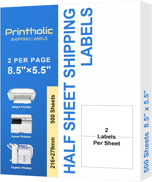 1000 Half Sheet Self Adhesive Shipping Labels for Laser & Inkjet Printers - 500 Sheets, 2 per Page Shipping Labels, 8.5" x 5.5" Half Sheet Labels