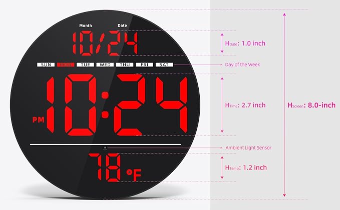 Digital Wall Clock with Large LED Display, Temperature, Auto-Brightness | Small - Image 3