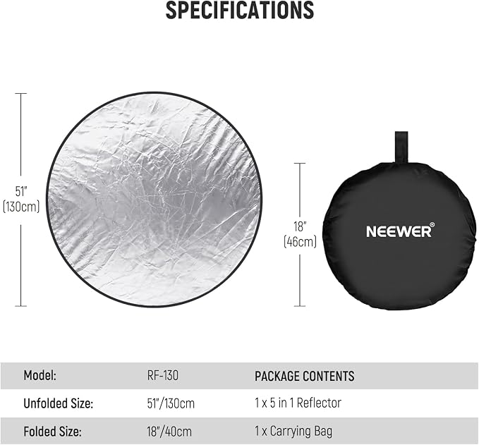 NEEWER 51 Inch/130 Centimeter Light Reflector Diffuser 5 in 1 Collapsible Multi - Image 9