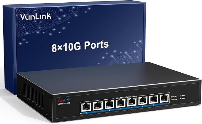 8-Port 10Gb RJ45 Ethernet Switch Unmanaged, VunLink 10GBase-T Multi-Gig Network by VunLink