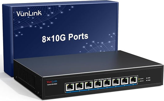 8-Port 10Gb RJ45 Ethernet Switch Unmanaged, VunLink 10GBase-T Multi-Gig Network by VunLink