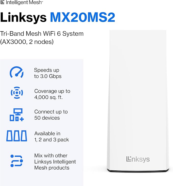 Linksys Atlas WiFi 6 Router Home WiFi Mesh System, 000 Sq. ft Coverage - Image 2