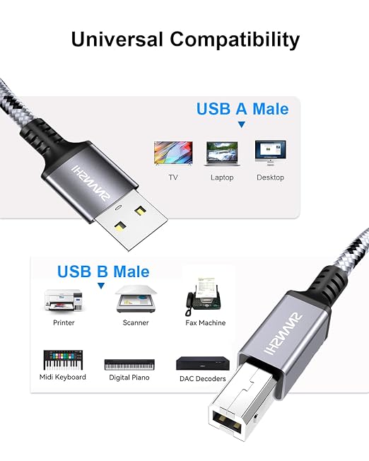 SNANSHI USB Printer Cable 25 ft, Nylon Braided USB 2.0 Type A to B Male Printer - Image 7