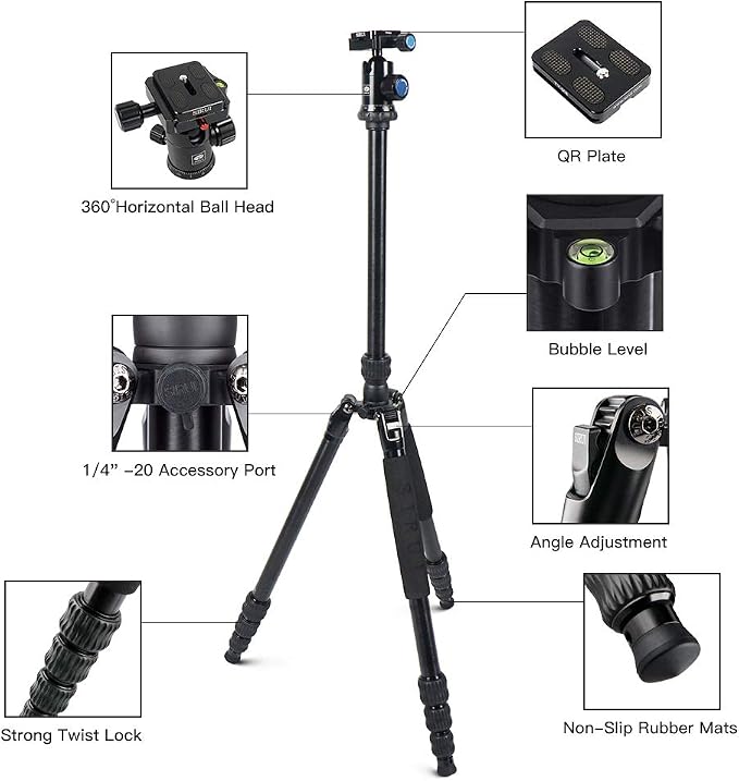 SIRUI Traveler 7A 65.55'' Aluminum Camera Tripod, E-10 Panorama Ball Head and - Image 2