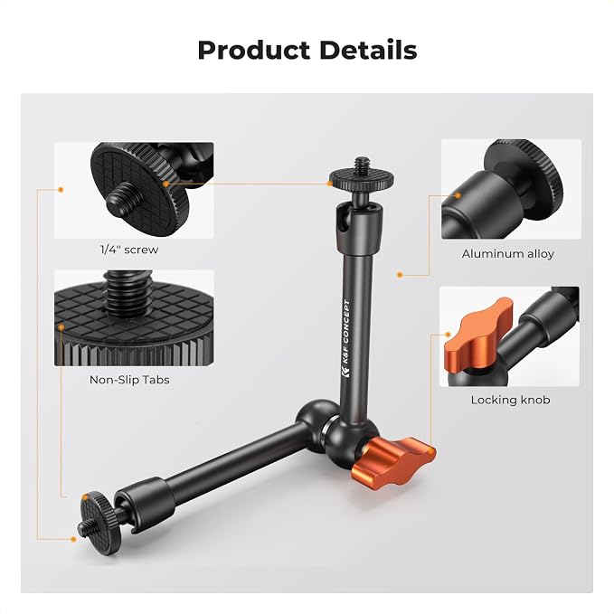 K&F CONCEPT 9.8" Magic Arm, 1/4" Screw Camera Mount Arm 360° Ball Heads - Image 2