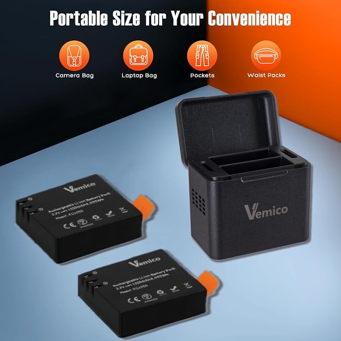 Vemico Action Camera Battery Charger 3-Pack 1350mAh PG1050 Battery LED - Image 7