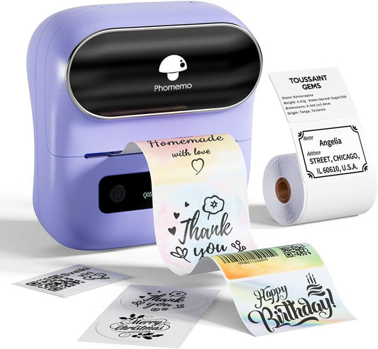 Phomemo M220 Label Maker, Bluetooth Thermal Label Maker Machine for Barcode, Address, Home, Mailing, Small Business,Clothing, Portable Wireless Printer with 1 Rolls Label, Purple