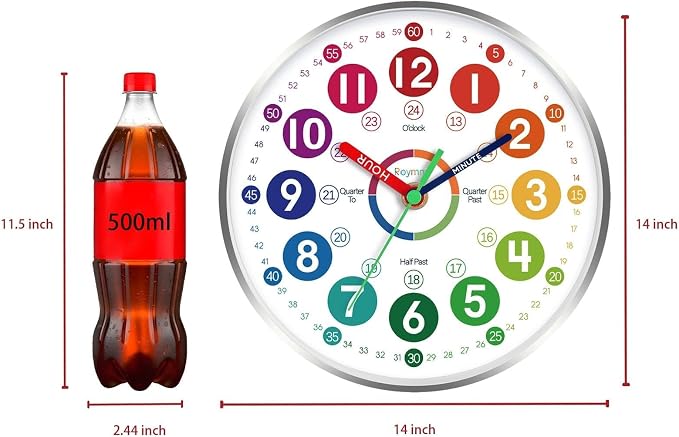 Roymnie Wall Clock Teaching Time Wall Clocks Battery Operated Silent Non Ticking - Image 2