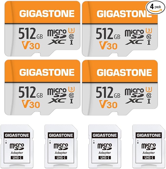 GIGASTONE 512GB Micro SD Card 4-Pack, A1 V30 4K Video Recording, Surveillance by Gigastone